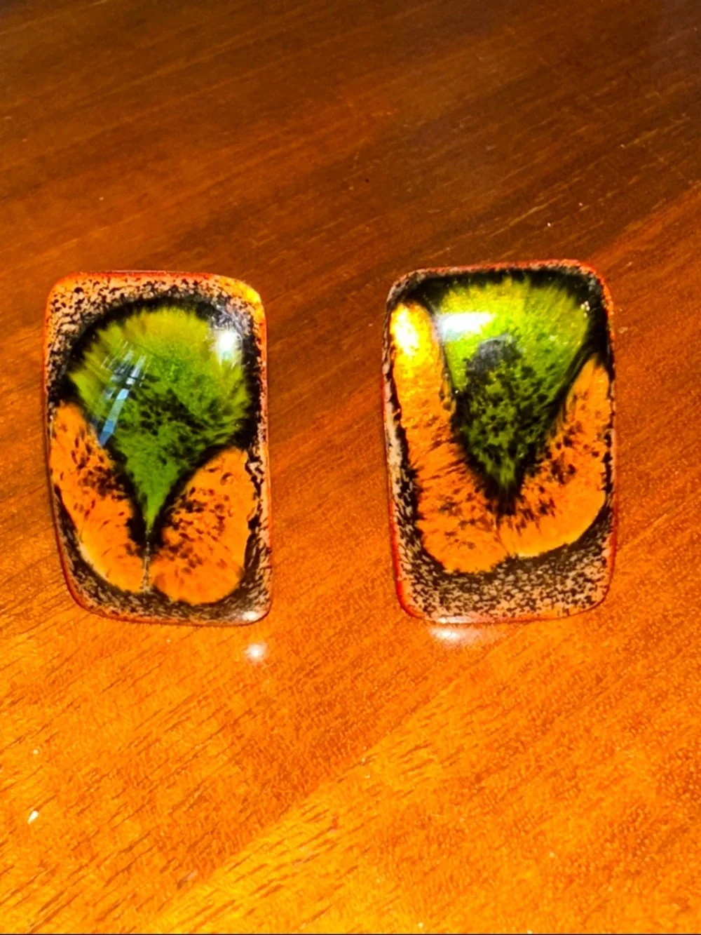 Vintage Mid‎ Century Rectangular Green & Amber Stone Cuff links